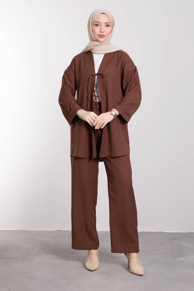 Bağcıklı Rahat Kesim Tesettür Takım Kahverengi - LAMİAGİYİM