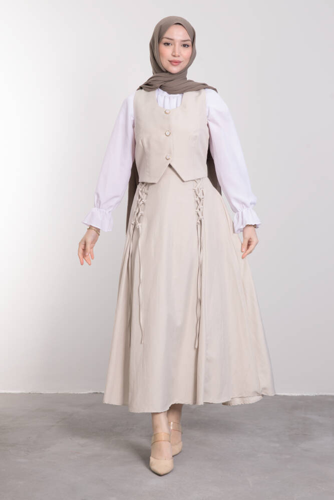 Bağcıklı Yelekli Takım Krem - LAMİAGİYİM