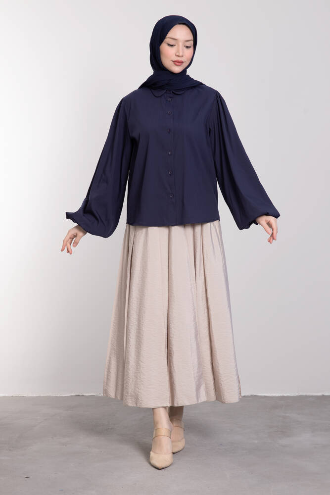 Balon Kol Düğmeli Gömlek Lacivert - LAMİAGİYİM