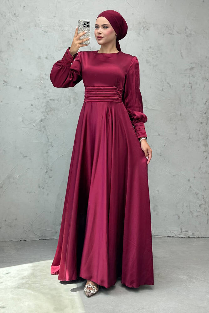 Beli Pileli Saten Abiye Bordo - LAMİAGİYİM