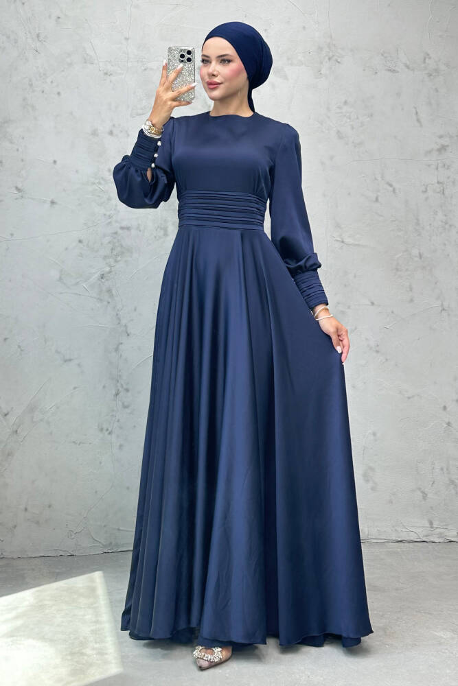 Beli Pileli Saten Abiye Lacivert - LAMİAGİYİM