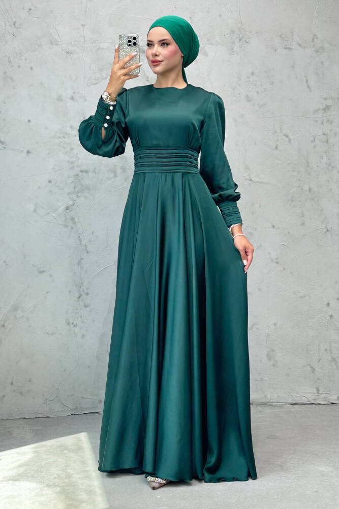 Beli Pileli Saten Abiye Zümrüt - LAMİAGİYİM