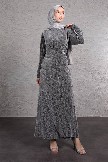 Beli Taş İşlemeli Büzgülü Elbise Gri - LAMİAGİYİM