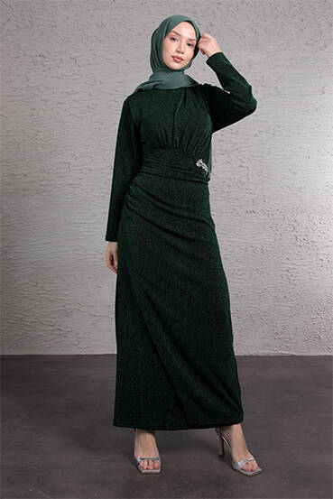 Beli Taş İşlemeli Büzgülü Elbise Zümrüt - LAMİAGİYİM