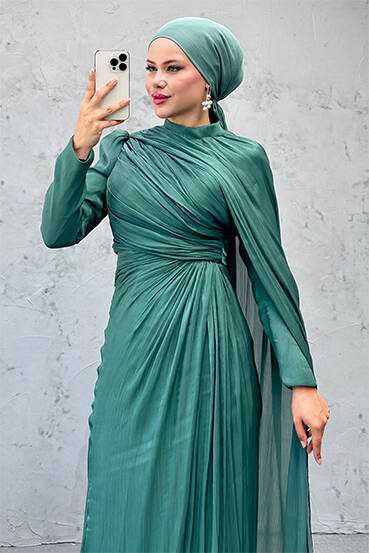 Burcu Tesettür Abiye Koyu Mint - LAMİAGİYİM