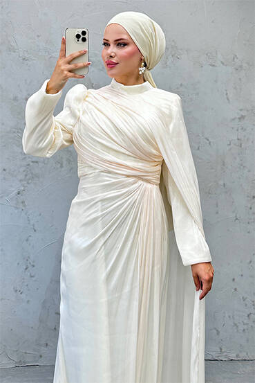 Burcu Tesettür Abiye Krem - LAMİAGİYİM