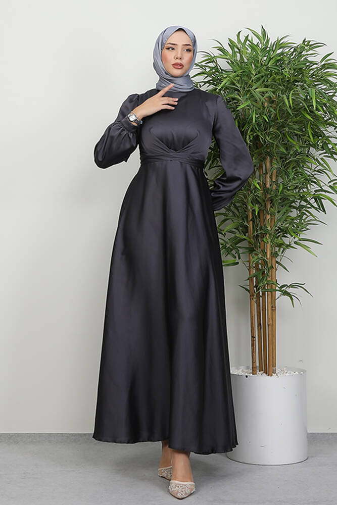 Çapraz Kuşaklı Abiye Koyu Gri - LAMİAGİYİM