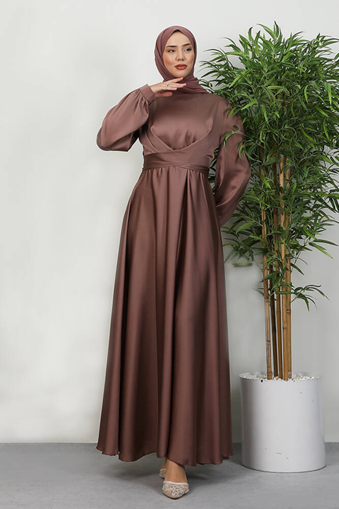 Çapraz Kuşaklı Abiye Pudra - LAMİAGİYİM