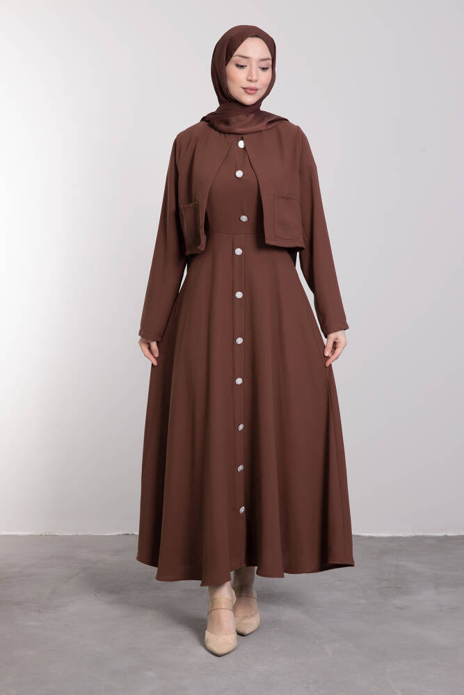Crop Ceket Detaylı Sıfır Kol Elbise Kahverengi - LAMİAGİYİM