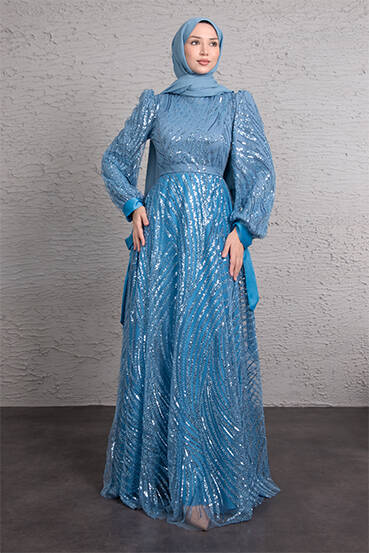 Dalgalı Payetli Tül Abiye Bebe Mavi - LAMİAGİYİM