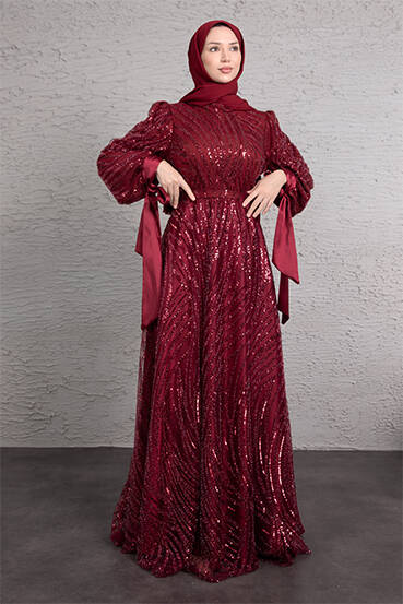 Dalgalı Payetli Tül Abiye Bordo - LAMİAGİYİM