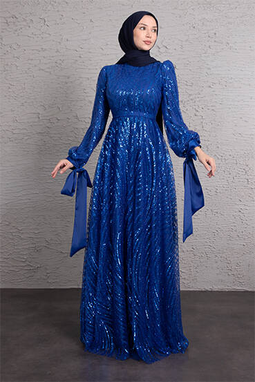 Dalgalı Payetli Tül Abiye Saks - LAMİAGİYİM