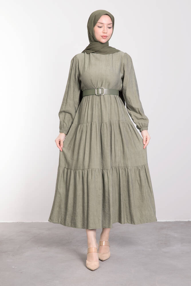 Deri Kemerli Spor Kesim Elbise Haki - LAMİAGİYİM