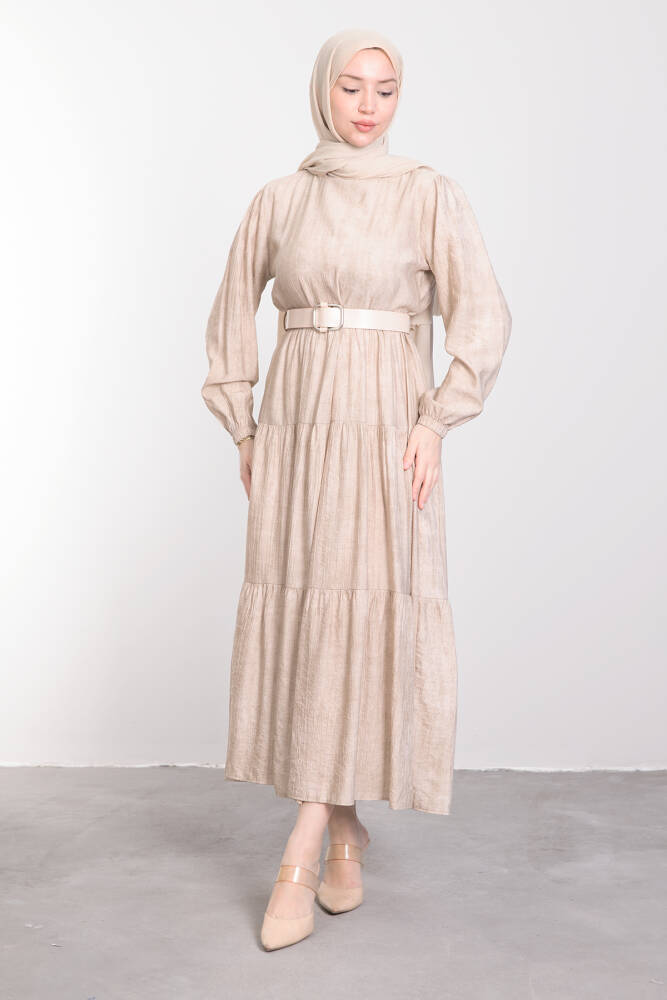 Deri Kemerli Spor Kesim Elbise Krem - LAMİAGİYİM