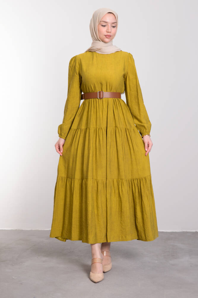 Deri Kemerli Spor Kesim Elbise Yağ Yeşil - LAMİAGİYİM