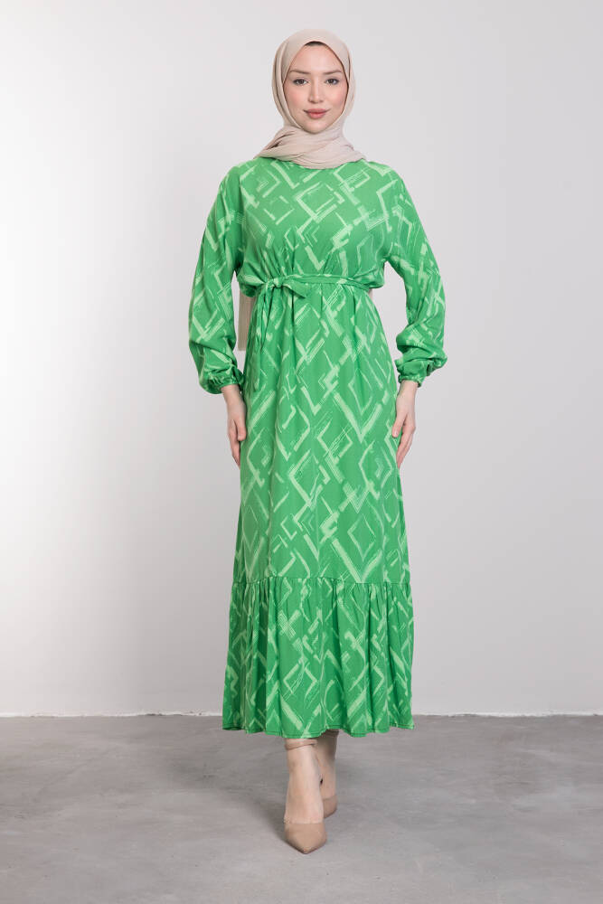 Desenli Pamuklu Kuşaklı Elbise Fıstık Yeşil - LAMİAGİYİM