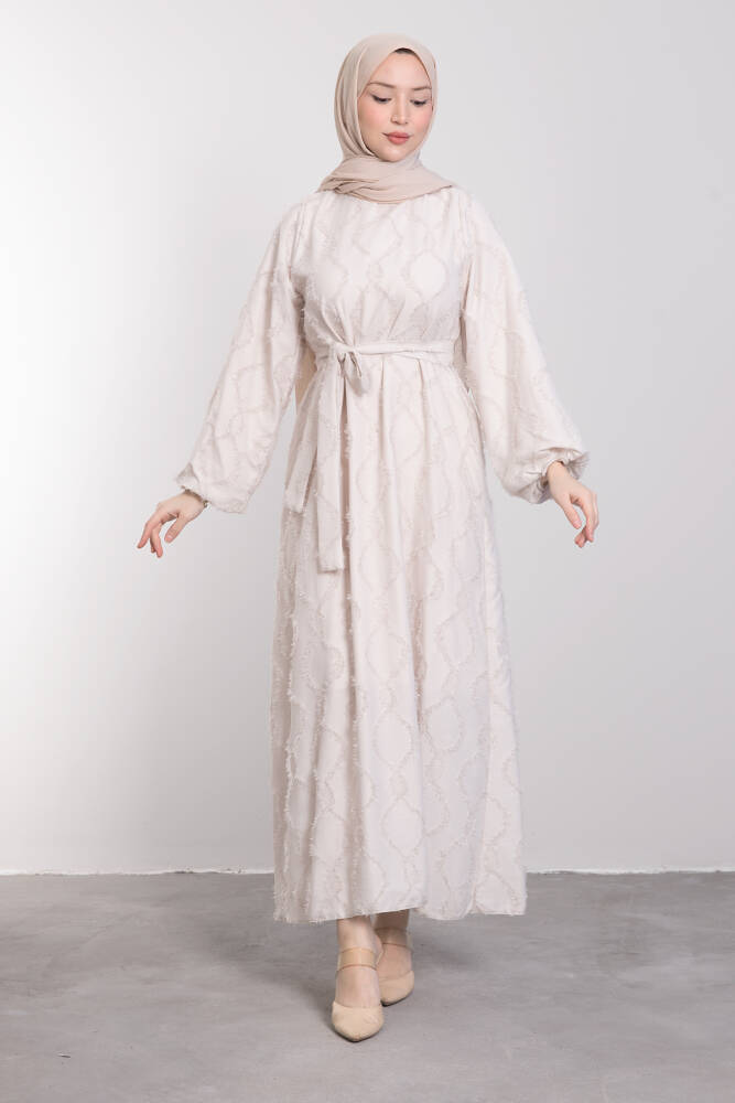 Desenli Simli İşlemeli Elbise Krem - LAMİAGİYİM