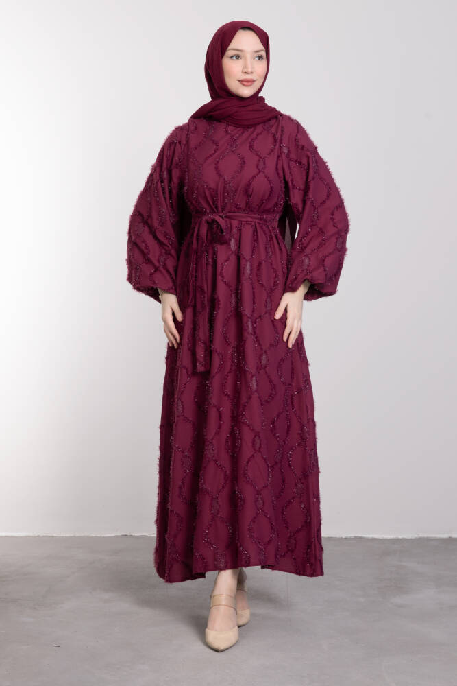 Desenli Simli İşlemeli Elbise Mürdüm - LAMİAGİYİM