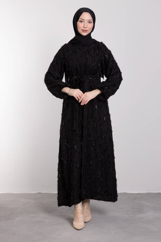 Desenli Simli İşlemeli Elbise Siyah - LAMİAGİYİM