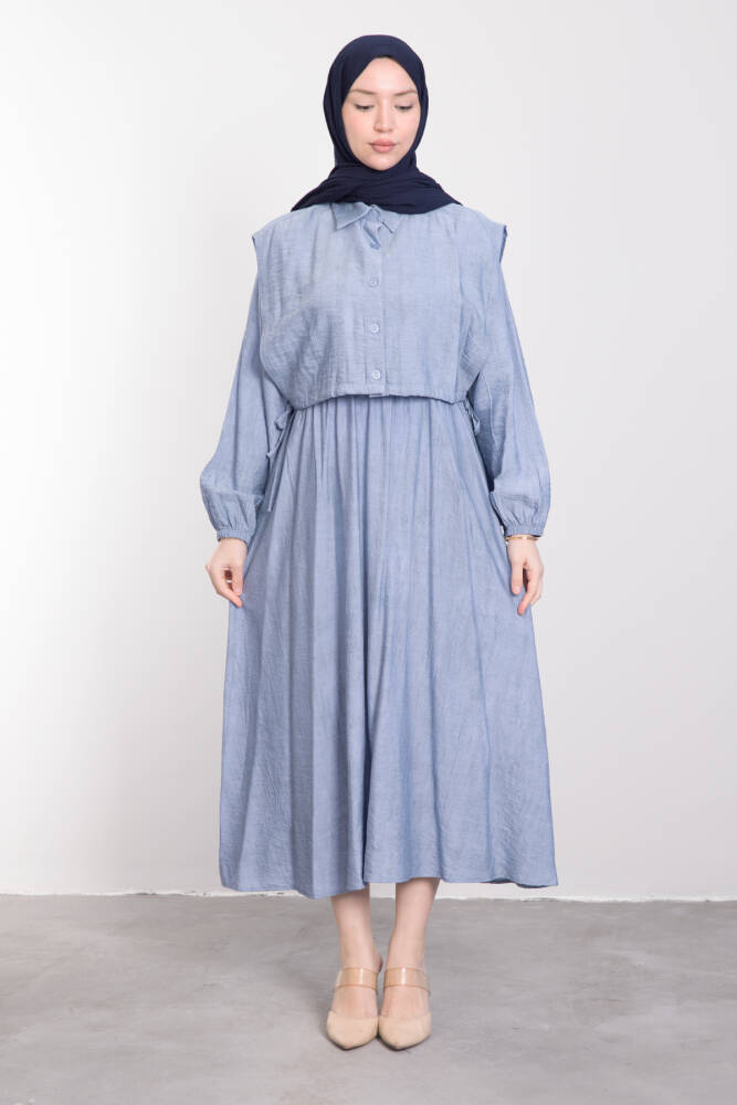 Düğmeli Bağcıklı Elbise Bebe Mavi - LAMİAGİYİM