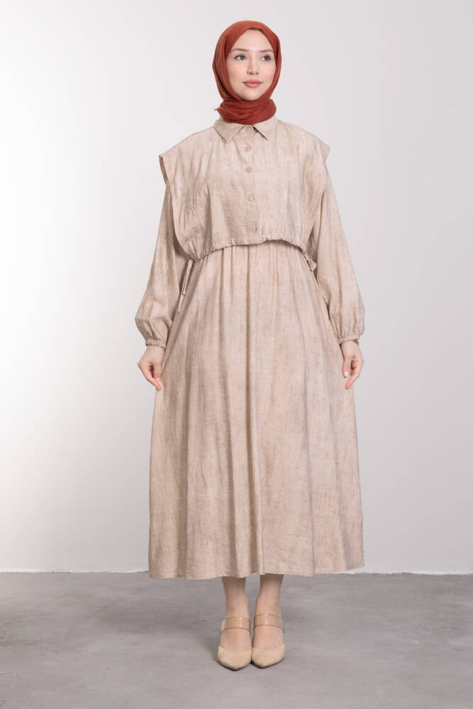 Düğmeli Bağcıklı Elbise Krem - LAMİAGİYİM