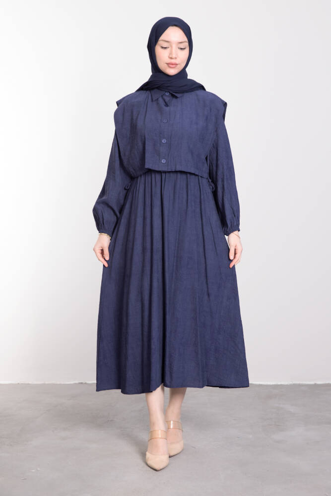 Düğmeli Bağcıklı Elbise Lacivert - LAMİAGİYİM