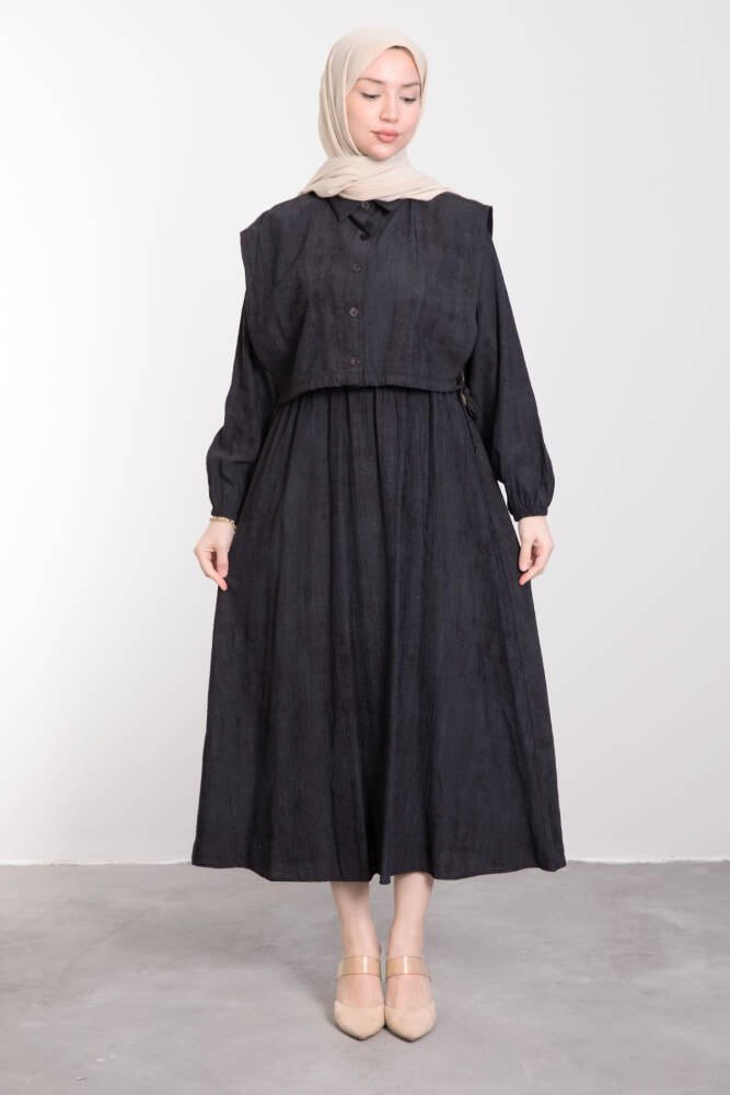 Düğmeli Bağcıklı Elbise Siyah - LAMİAGİYİM