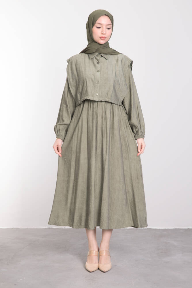 Düğmeli Bağcıklı Elbise Soft Yeşil - LAMİAGİYİM