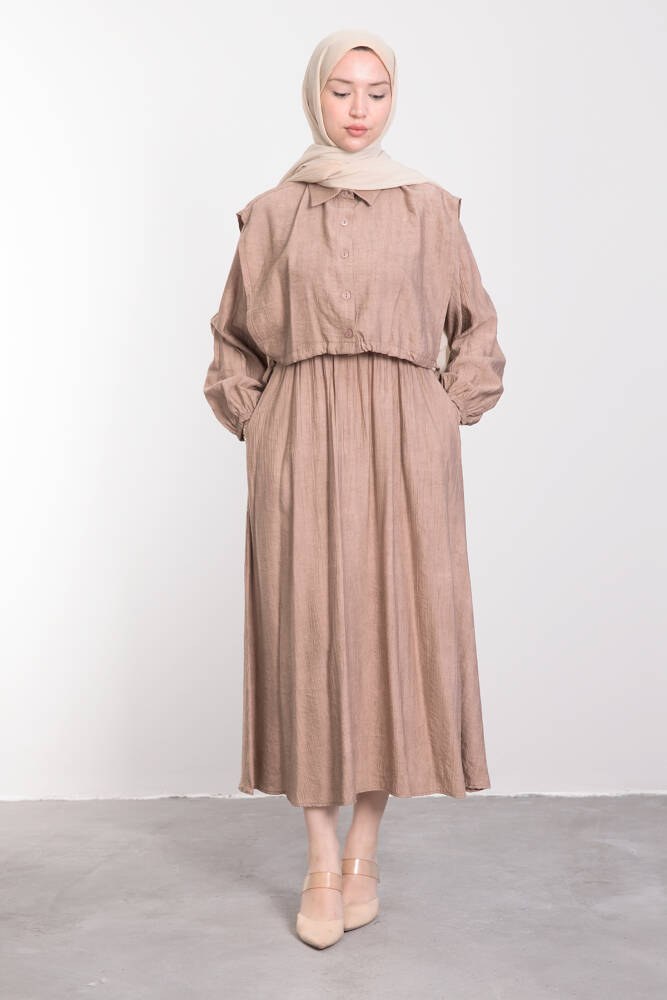 Düğmeli Bağcıklı Elbise Vizon - LAMİAGİYİM