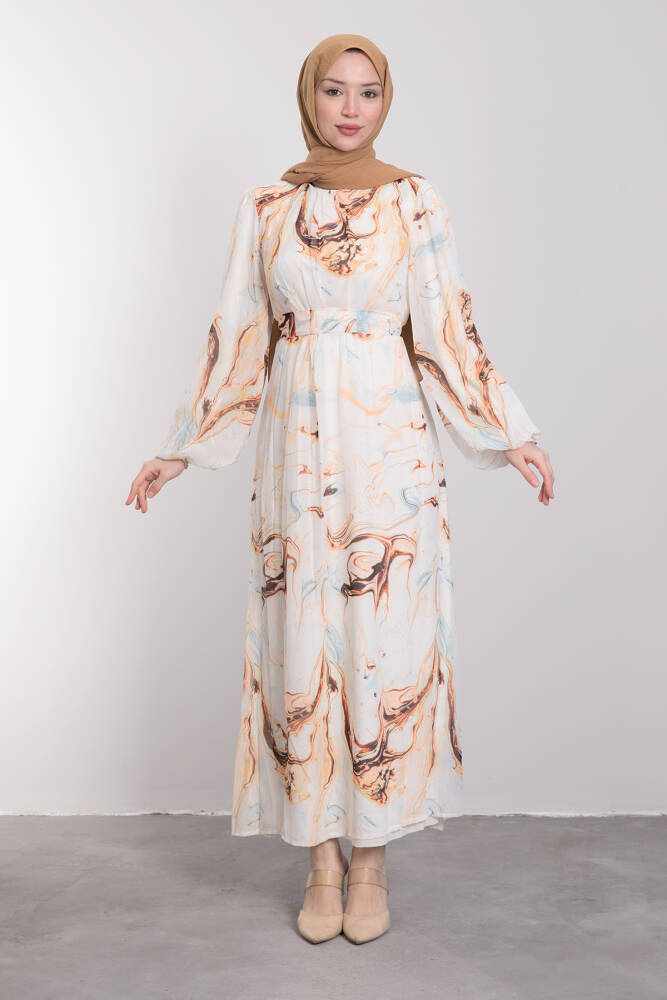 Ebruli Desenli Şifon Elbise Karamel - LAMİAGİYİM