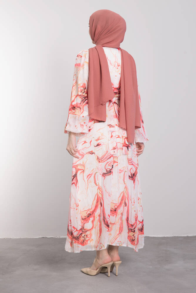 Ebruli Desenli Şifon Elbise Nar Çiçeği - LAMİAGİYİM