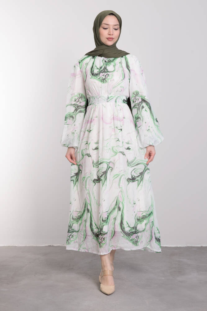 Ebruli Desenli Şifon Elbise Yeşil - LAMİAGİYİM
