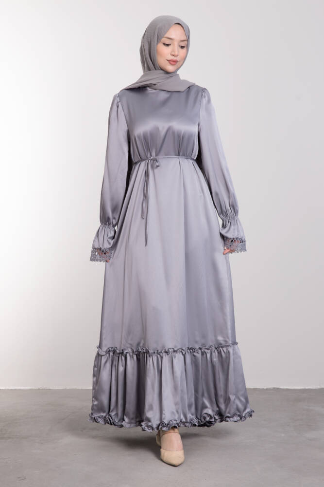 Fırfırlı Güpür Detaylı Elbise Gri - LAMİAGİYİM