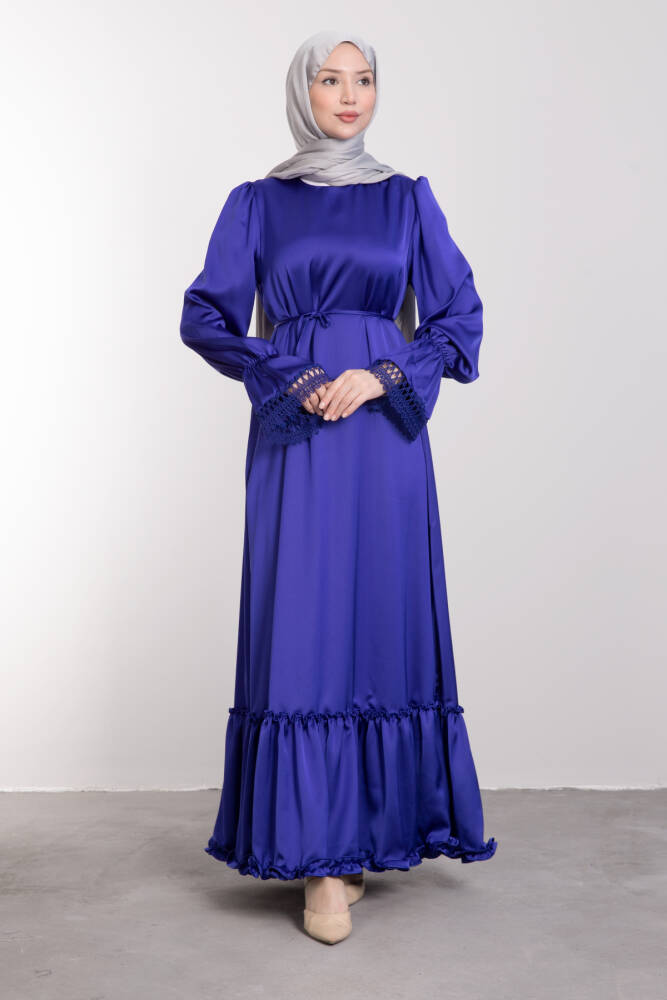 Fırfırlı Güpür Detaylı Elbise Saks - LAMİAGİYİM