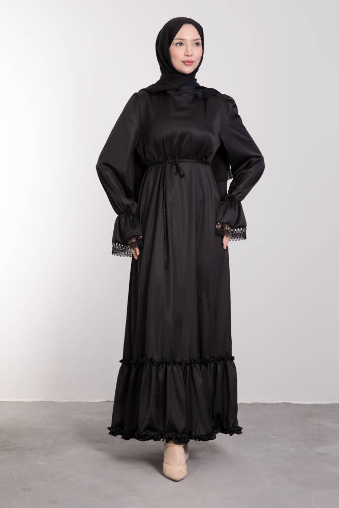Fırfırlı Güpür Detaylı Elbise Siyah - LAMİAGİYİM