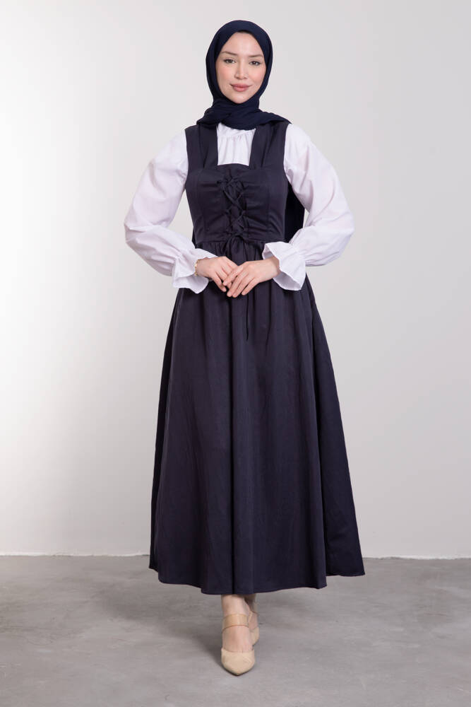 Geniş Askılı Çapraz Bağcıklı Elbise Lacivert - LAMİAGİYİM