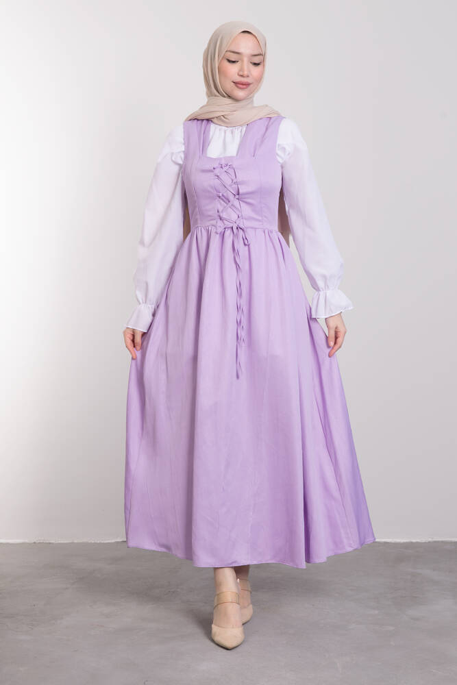 Geniş Askılı Çapraz Bağcıklı Elbise Lila - LAMİAGİYİM