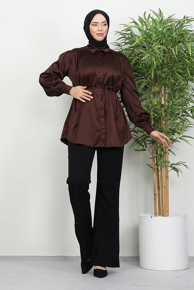 Gizli Düğmeli Saten Gömlek Acı Kahve - LAMİAGİYİM