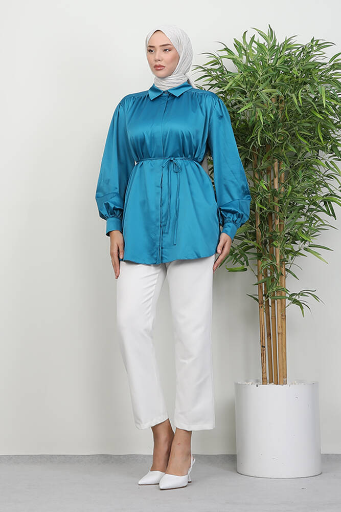 Gizli Düğmeli Saten Gömlek Petrol - LAMİAGİYİM