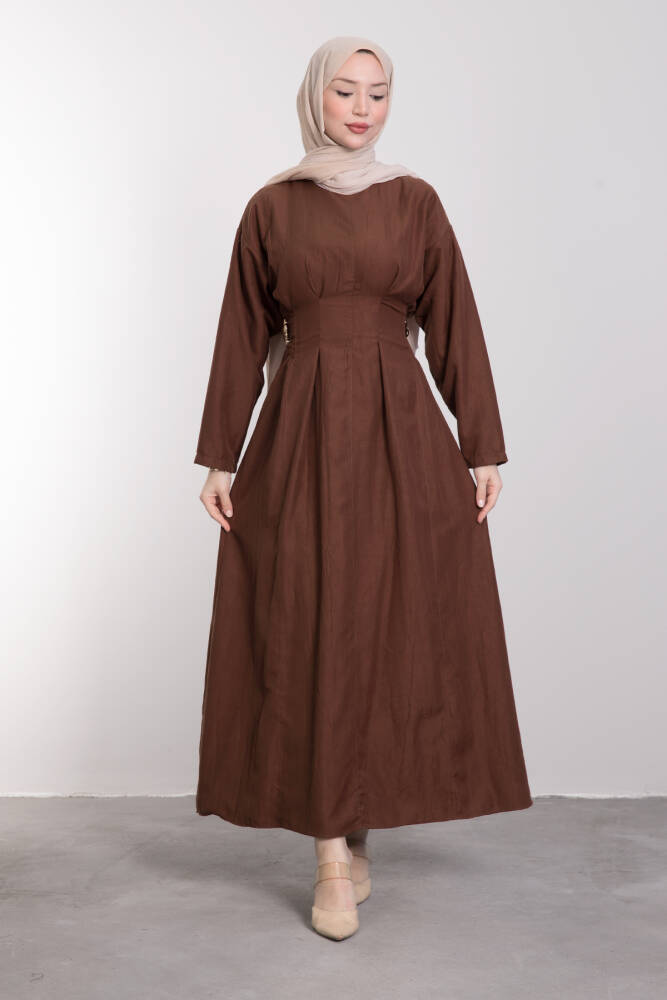 Gold Toka Detaylı Elbise Kahverengi - LAMİAGİYİM