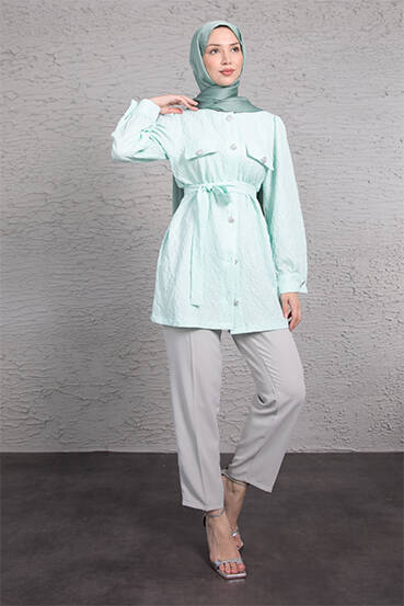 Gümüş Düğmeli Kuşaklı Gömlek - LAMİAGİYİM