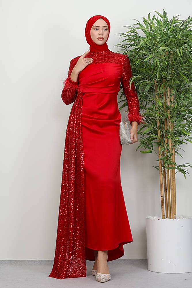 Helin Saten Abiye Kırmızı - LAMİAGİYİM