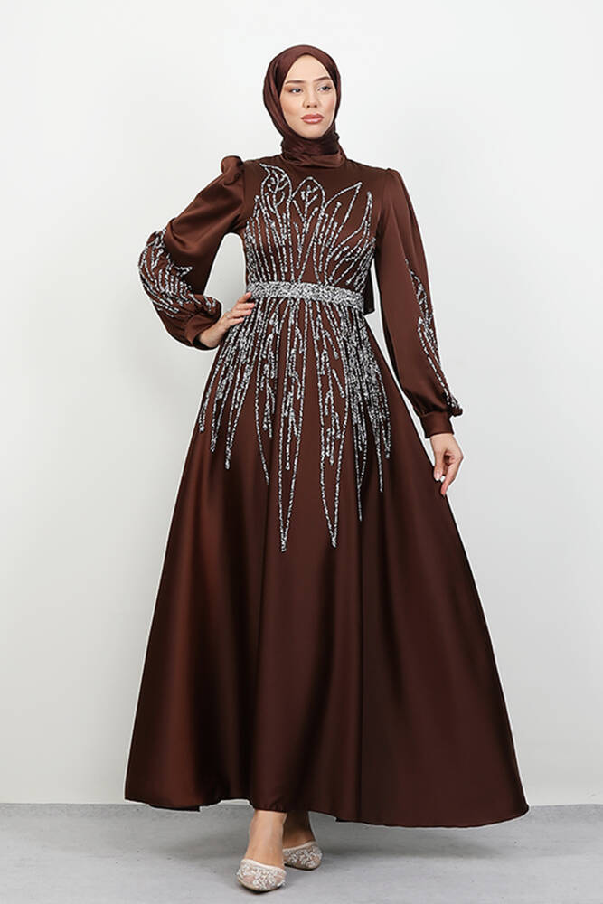 İkbal Taşlı Saten Abiye Acı Kahve 