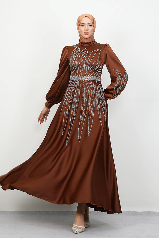 İkbal Taşlı Saten Abiye Açık Kahve 