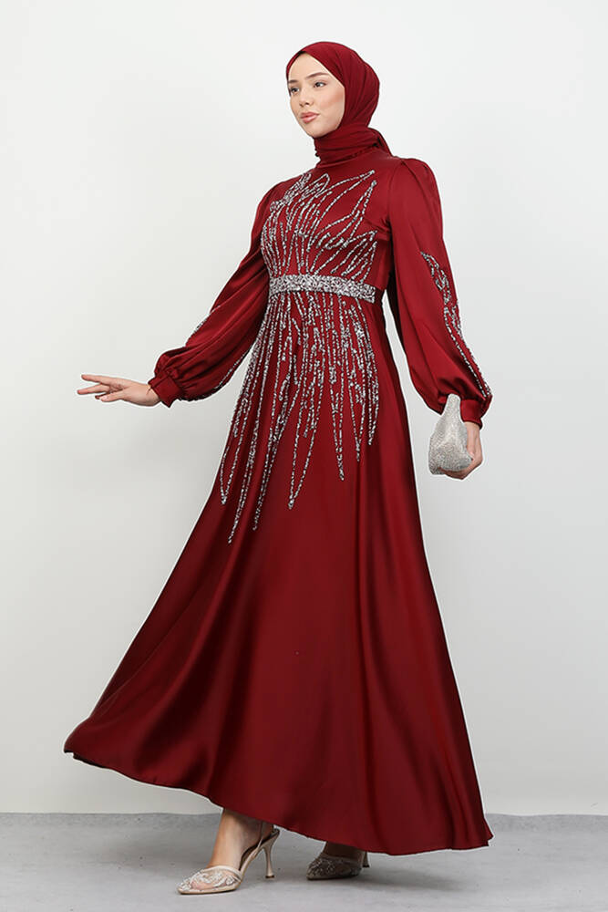 İkbal Taşlı Saten Abiye Bordo 