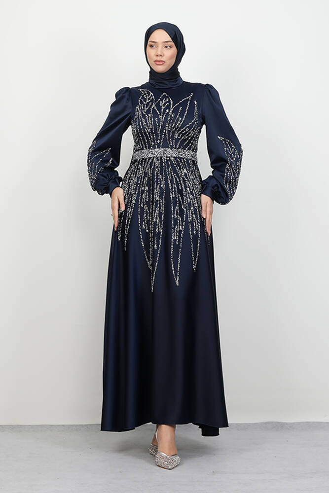 İkbal Taşlı Saten Abiye Lacivert - LAMİAGİYİM