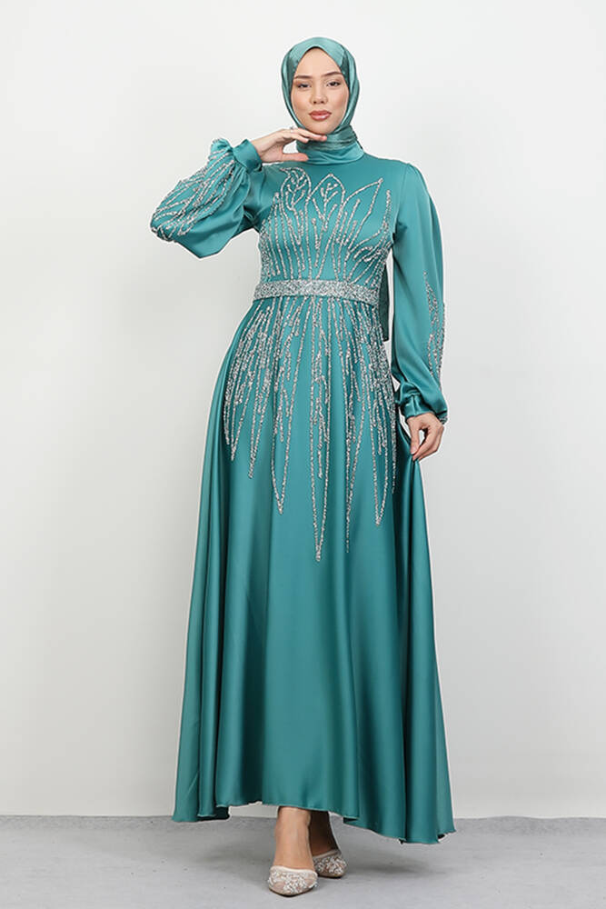 İkbal Taşlı Saten Abiye Mint 