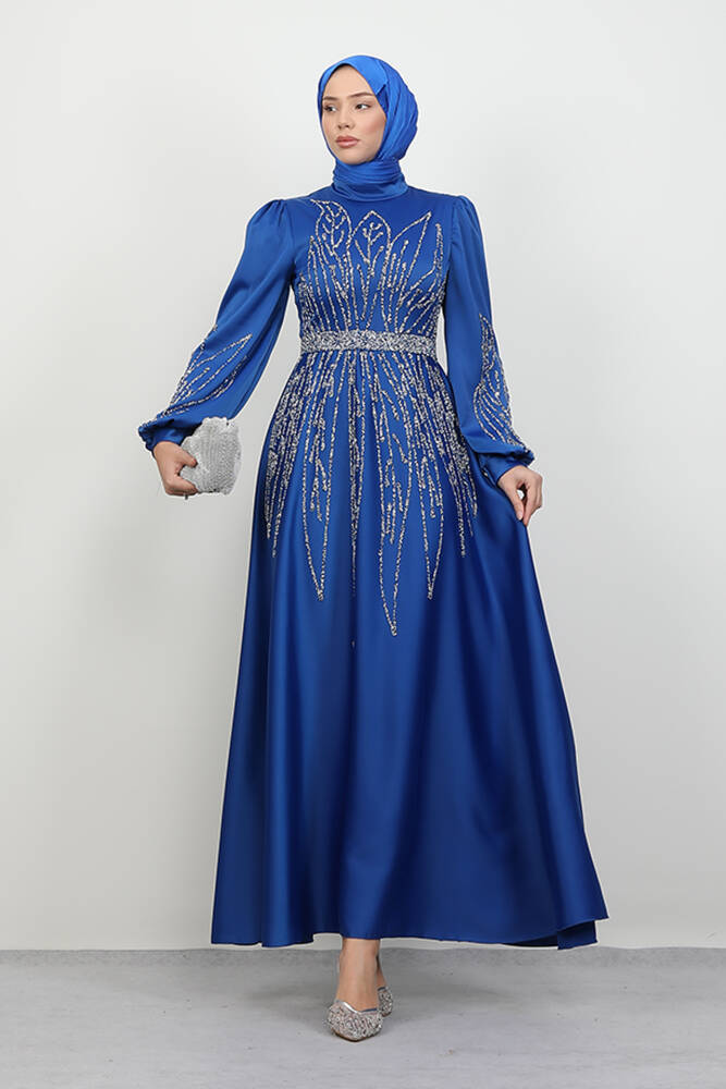 İkbal Taşlı Saten Abiye Saks 