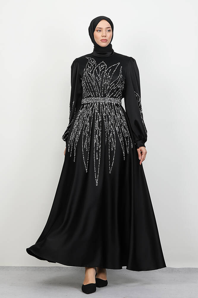İkbal Taşlı Saten Abiye Siyah 