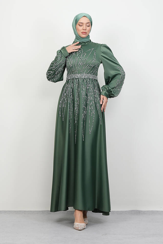İkbal Taşlı Saten Abiye Soft Yeşil 